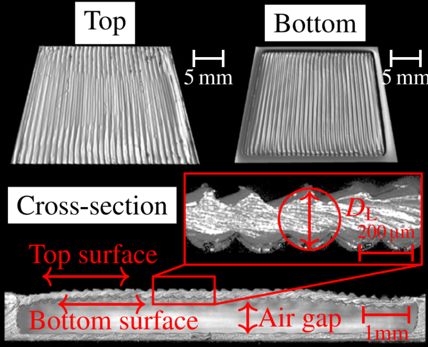 Top and bottom surfaces with cross section of a mid-air printed single-layer PP cap, showing a sealed cavity with enclosed air gap and ~200 µm layer thickness